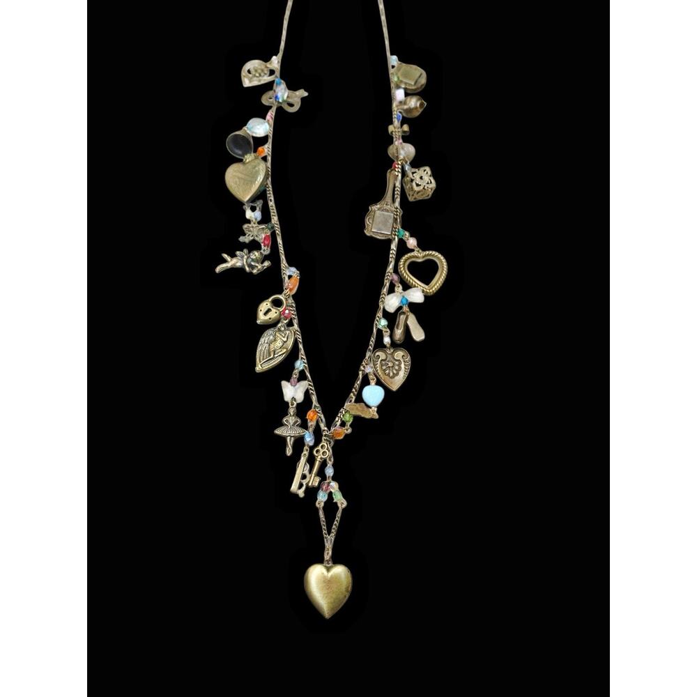 Vintage Charm Necklace Mixed Charms Hearts Key Locket Figural Statement Necklace